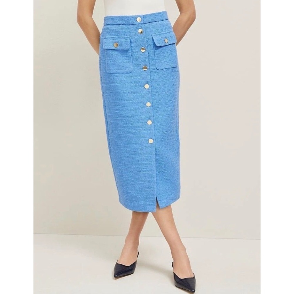 Ann Taylor Maritime Tweed Button Column Skirt Women 14 Blue Midi Office Chic